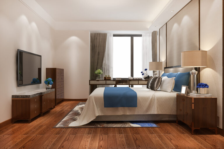 3d rendering beautiful luxury bedroom suite in hotel with tv